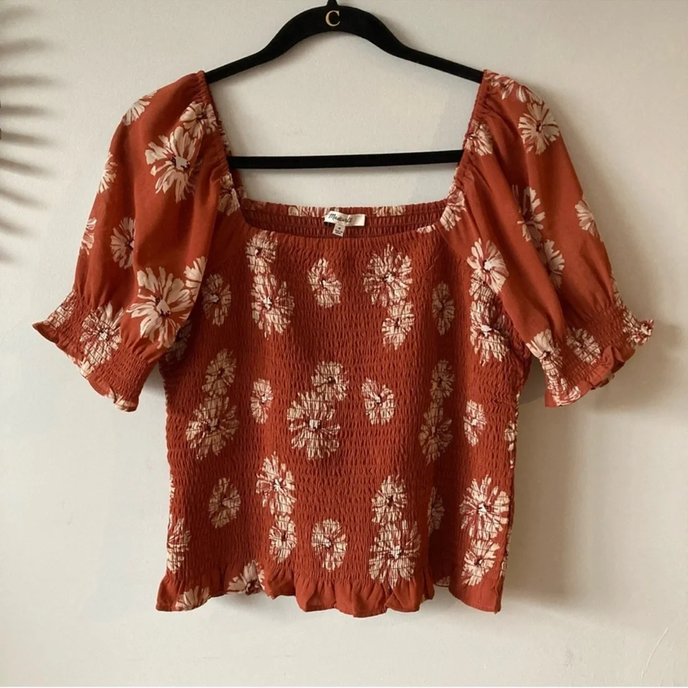 Madewell Georgette Lucie Puff-Sleeve Smocked Bodice Top in Moody Blooms Size M